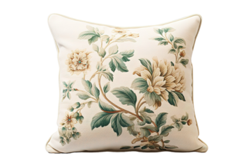 A Tapestry Of Red And Green Floral Designs On A Cream Pillow With Tassels on a White or Clear Surface PNG Transparent Background.