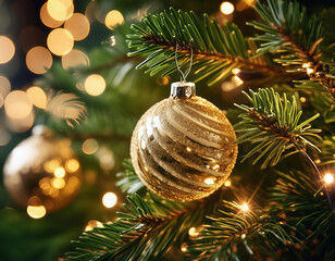 Christmas tree decorated with gold baubles on bokeh background