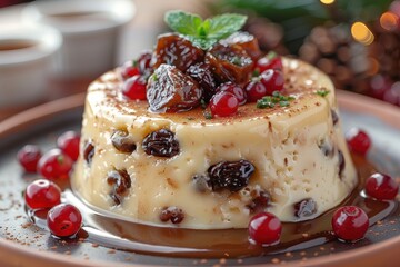 A dish of spotted dick, a steamed suet pudding with dried fruit, served with custard. 