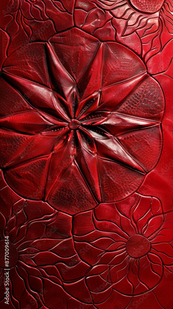 Poster embossed red leather with a geometric pattern, showing intricate details and a bold texture.
