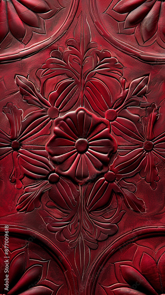 Poster embossed red leather with a geometric pattern, showing intricate details and a bold texture.