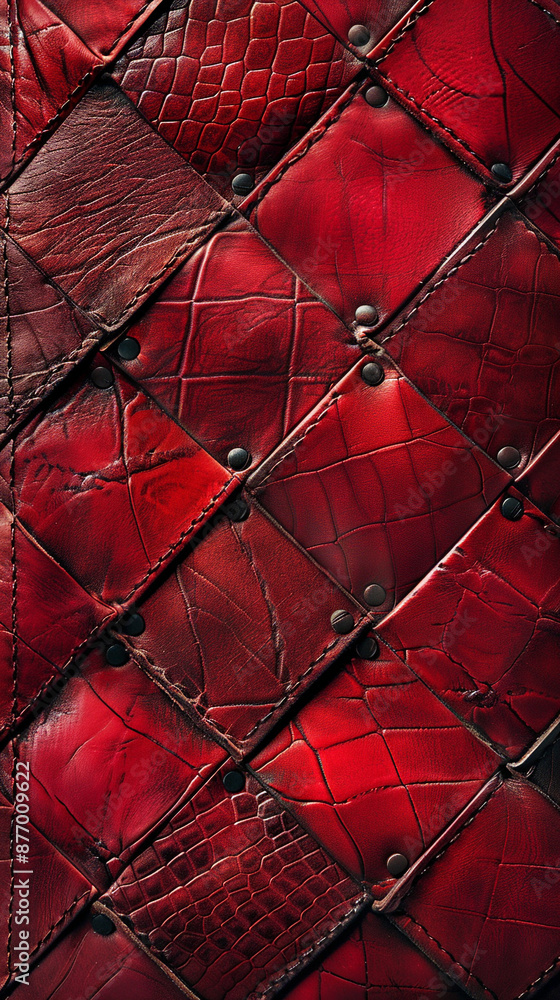 Aufkleber embossed red leather with a geometric pattern, showing intricate details and a bold texture.
