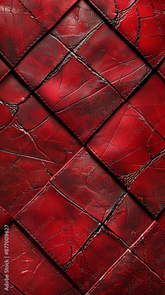 Poster embossed red leather with a geometric pattern, showing intricate details and a bold texture.