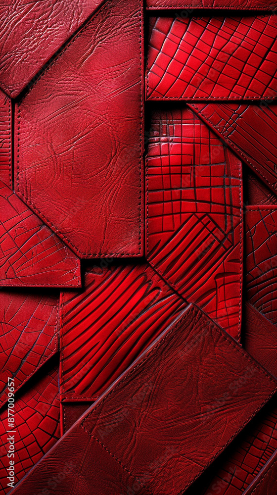 Poster embossed red leather with a geometric pattern, showing intricate details and a bold texture.