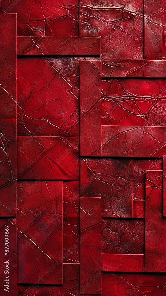 Poster embossed red leather with a geometric pattern, showing intricate details and a bold texture.