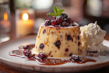 A dish of spotted dick, a steamed suet pudding with dried fruit, served with custard. 