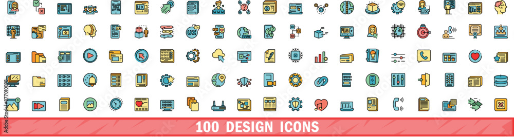 Poster 100 design icons set. color line set of design vector icons thin line color flat on white