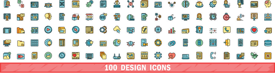 100 design icons set. Color line set of design vector icons thin line color flat on white