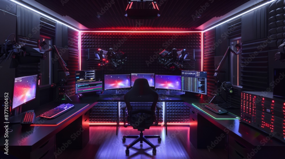 Poster a modern gaming setup with red and blue lighting, featuring a computer desk with multiple monitors, 
