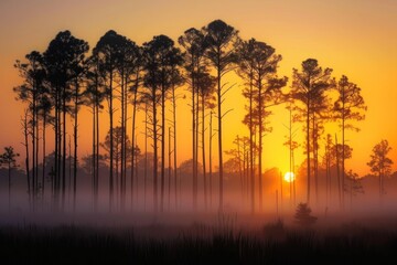 Towering longleaf pines stand silhouetted against glowing fog at sunrise in the Green Swamp of North Carolina