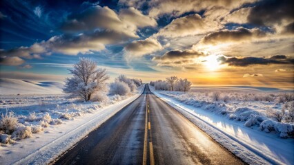 Isolated, serene, and eerily beautiful, a desolate straight road stretches infinitely, cloaked in thick snow and ice, amidst winter's frozen grasp.