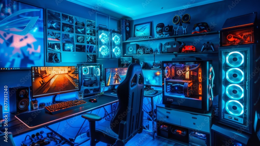Poster a gaming setup with a custom pc, multiple monitors, and a comfortable chair. the room is illuminated