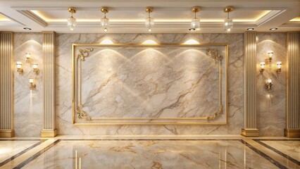 Elegant beige marble floor and cream-colored wall with golden accents provide a sophisticated canvas for wedding announcement or invitation text.