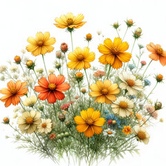 Obraz premium 흰 배경, 금잔화, 수채화 (white background, field marigold, water colour)