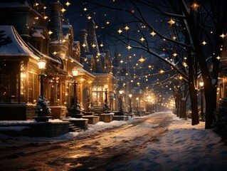 A beautifully decorated pathway with glowing lights and snow-covered ground, creating a magical winter atmosphere.