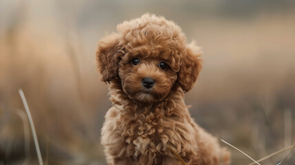 A small poodle dog with soft, curly fur and ears that fall to the sides, looks like a little plush friend, ready to play and love.
