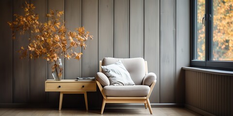Cozy minimal scandinavian cabinet with armchair plants and shelves on background. Light decoration scene
