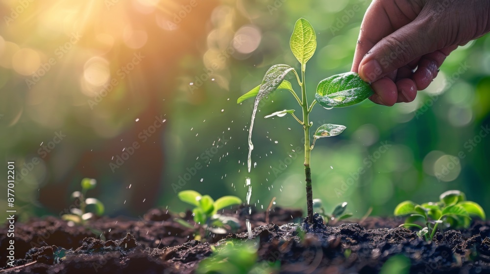 Poster hands gently watering a newly planted tree sapling in a garden, promoting growth and vitality.