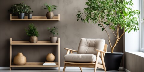 Fototapeta premium Cozy minimal scandinavian cabinet with armchair plants and shelves on background. Light decoration scene