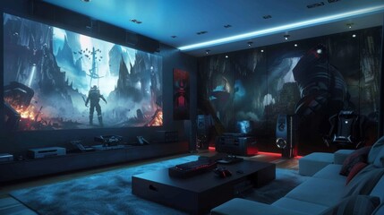 A futuristic video game scene is on a big projector screen in a room with a white sofa, black coffee table, gaming consoles, and art-covered walls.