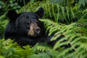 Naklejka premium A Black Bear relaxes in the lush comfort of the soft and vibrant ferns