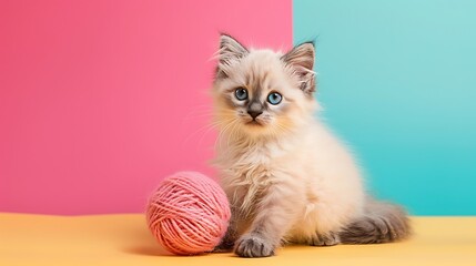 Cute longhair baby ragdoll cat sitting with a ball of pink wool isolated on colorful background