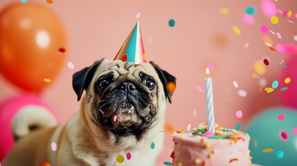 Cute pug dog celebrating at a birthday party with birthday cake and confetti isolated on colorful background