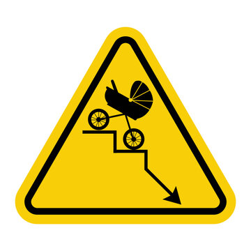 Sign of declining birth rate. Negative fertility graph with an arrow pointing down. Demographic decline, fertility decline curve. Warning yellow triangular sign.