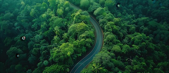 Fototapeta premium Stunning aerial shot of a winding road cutting through dense, vibrant green tropical forest, showcasing the beauty of nature and transportation.