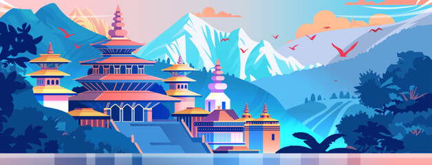 Colorful temple with tiered roofs and domes set against a backdrop of mountains trees and birds in a serene landscape