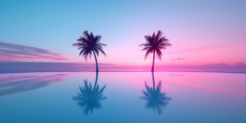 Obraz premium Tropical Island with Palm Trees Neon Sunset with 80s/90s Aesthetic Vibes. Concept Tropical Island, Palm Trees, Neon Sunset, 80s Aesthetic, 90s Vibes