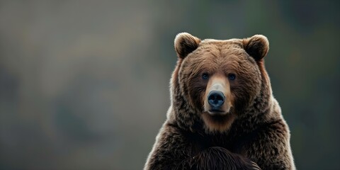 Obraz premium A large brown bear with crossed arms staring directly at the camera against a dark blurred background. Concept animal photography, wildlife portrait, bear in the wild, nature photography