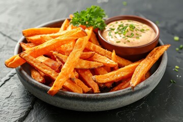 Sweet Potato Fries with Creamy Dip in a Rustic Bowl