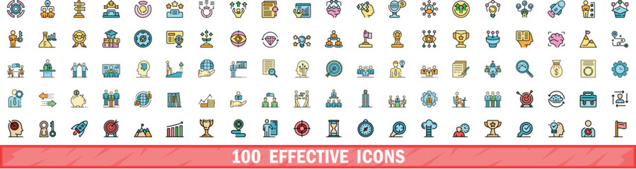 100 effective icons set. Color line set of effective vector icons thin line color flat on white