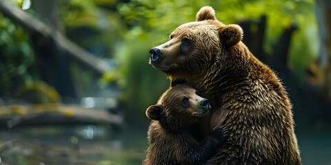 Obraz premium An Adorable Hyperrealistic Image of a Mother Bear Embracing Her Cub. Concept Wildlife Photography, Motherhood, Animal Conservation, Nature's Beauty, Love and Bonding