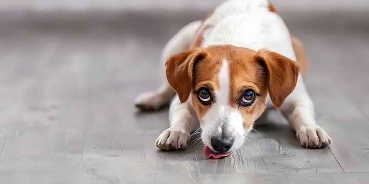 Hungry Jack Russell dog eagerly licking lips near empty food bowl. Concept Pets, Jack Russell Terrier, Food, Hunger, Anticipation