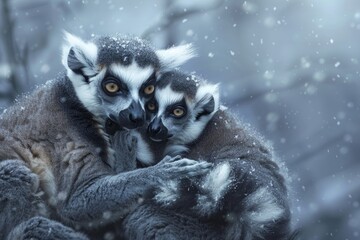 A group of ring-tailed Lemurs(Lemur catta) huddled together to keep warm