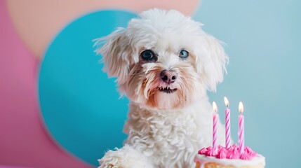 Cute white dog with birthday cake and pink candles isolated on colorful background