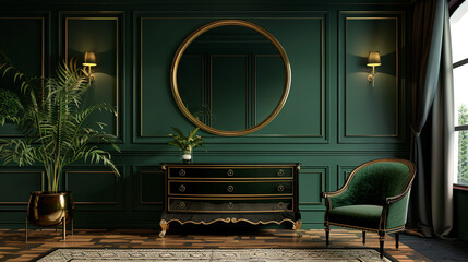A chic mirrored dresser with an oval mirror, placed in front of a dark green wall with gold trim.