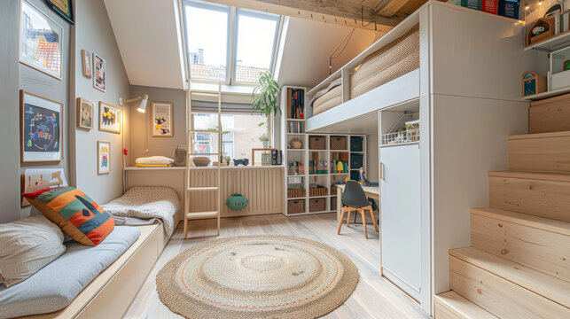 This cool kid's room in Amsterdam has a loft bed, a fun play area, and lots of storage. It gets lots of natural light from a skylight and a side window.