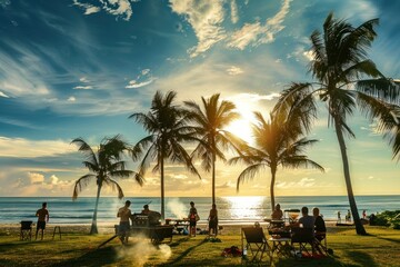 People party with BBQ grilling beach tree architecture.