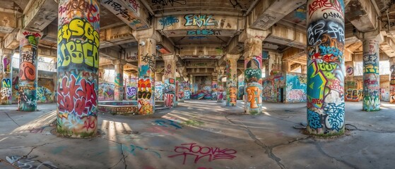 Graffiti under a concrete bridge. A meeting place for informal street artists. Skate Park