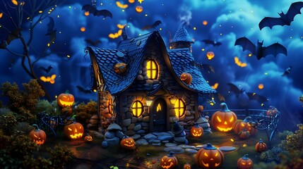 Enchanted Fairy tale Cottage Surrounded by Glowing Pumpkins and Bats on a Magical Halloween Night