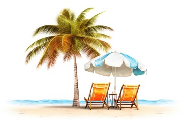 Umbrella with palm trees and sand summer beach chair.