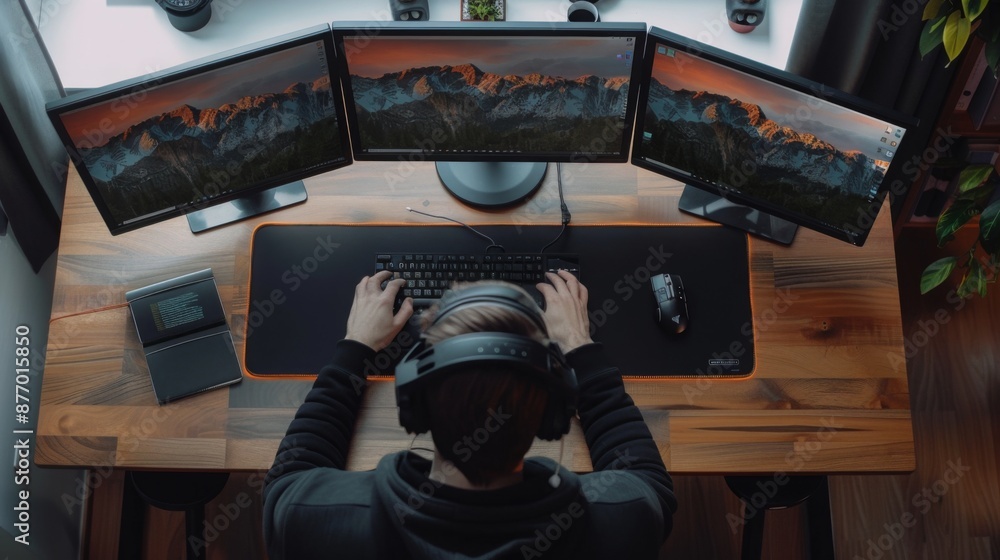 Poster A person sits at a desk with a triple monitor setup, typing on a keyboard and wearing headphones. The desk is made of wood and there is a mousepad on the desk.