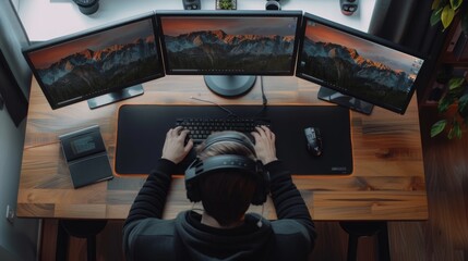 A person sits at a desk with a triple monitor setup, typing on a keyboard and wearing headphones. The desk is made of wood and there is a mousepad on the desk.