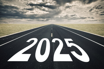 2025 road perspective, dark clouds, war crisis and pessimism about future concept