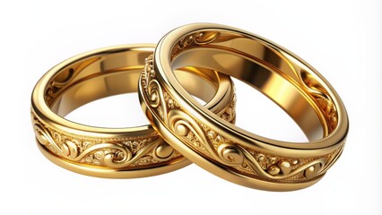 Luxurious gold wedding band pair isolated on transparent background, beautifully crafted with intricate details, symbolizing eternal love commitment.