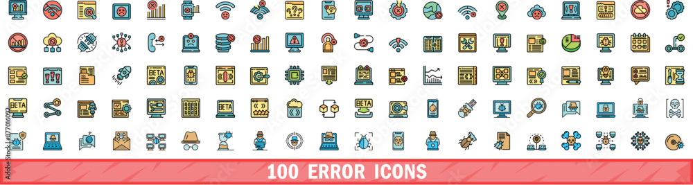 Poster 100 error icons set. color line set of error vector icons thin line color flat on white