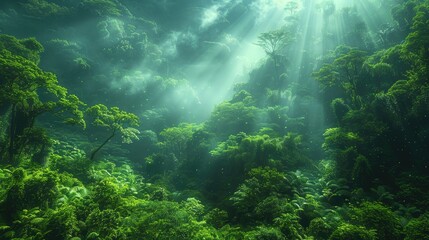Obraz premium Sunrays Through Lush Rainforest Canopy